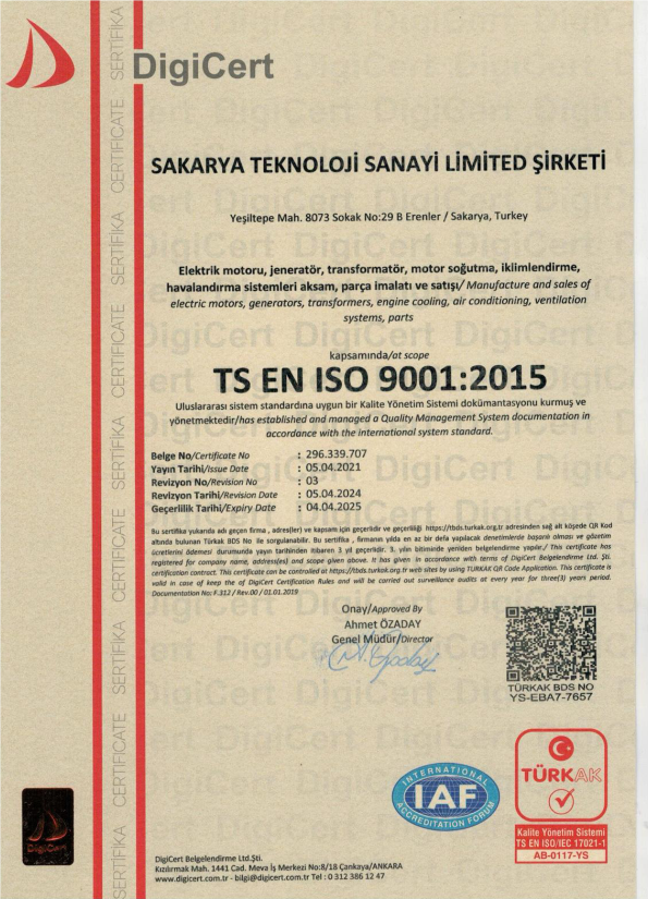 ISO9001:2015 Sakarya Teknoloji Quality Certification